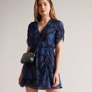 NWT Ted Baker Juleah Blue Floral Mini Dress Ruched Sleeve Elastic Waist Size 8
